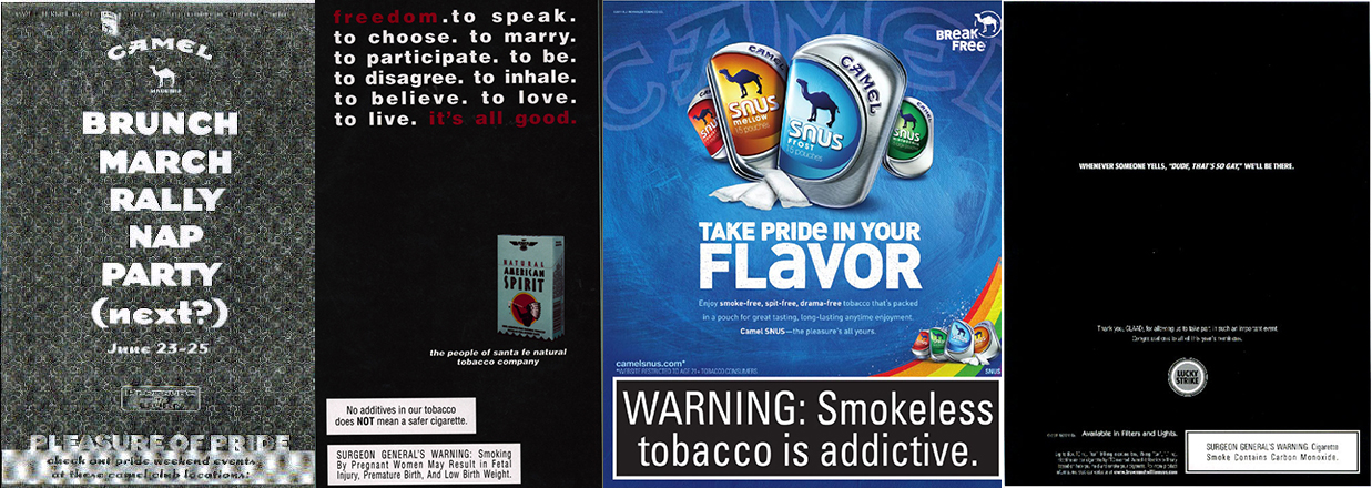 Several images of different tobacco ads targeting the LGBTQ community