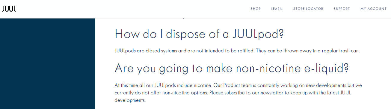 How to dispose of JUUL website FAQ screenshot