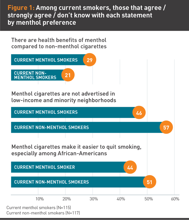 Figure 1: Among current smokers, those that agree / strongly agree / don't know with each statement by menthol preference