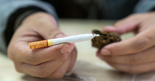 Person holding tobacco and marijuana