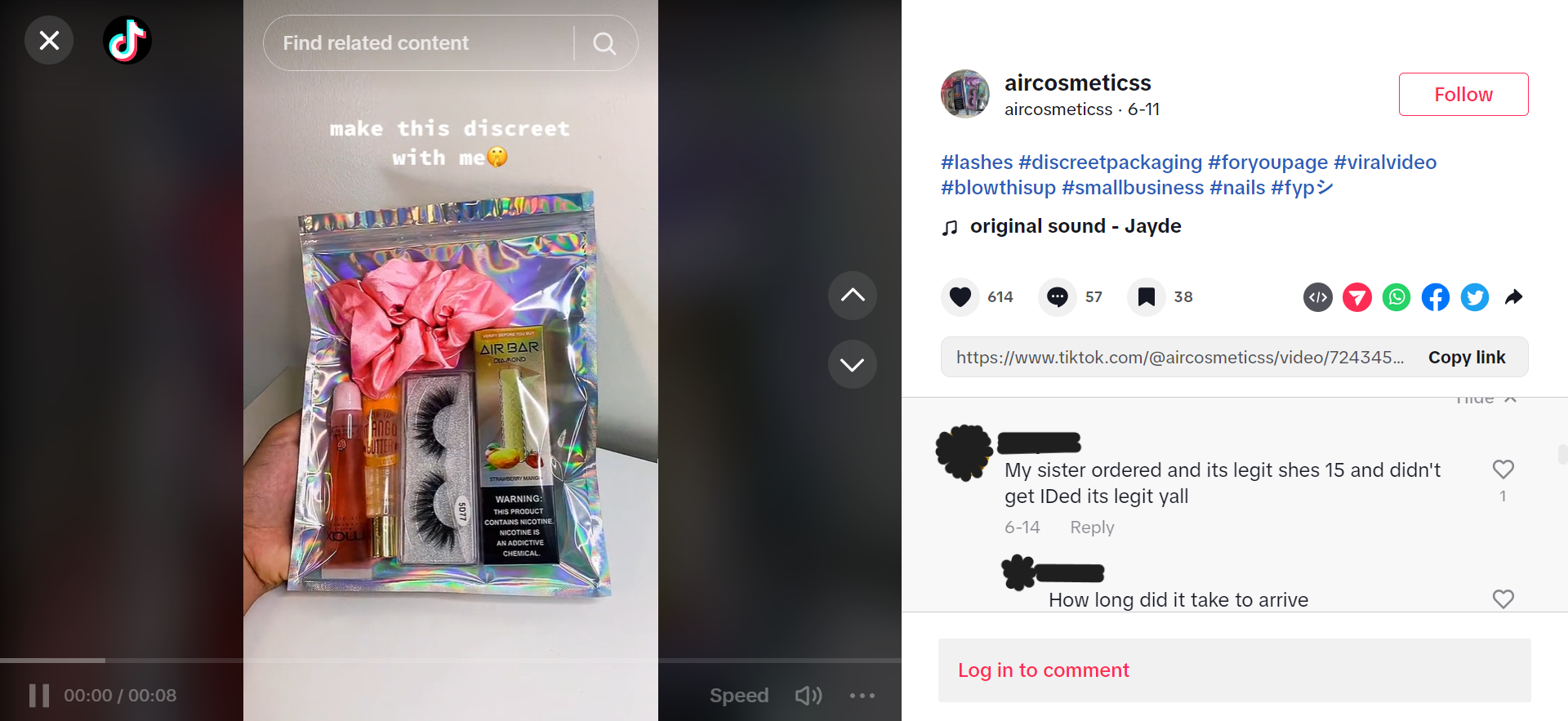 Screenshots of discreet shipping vapes on TikTok